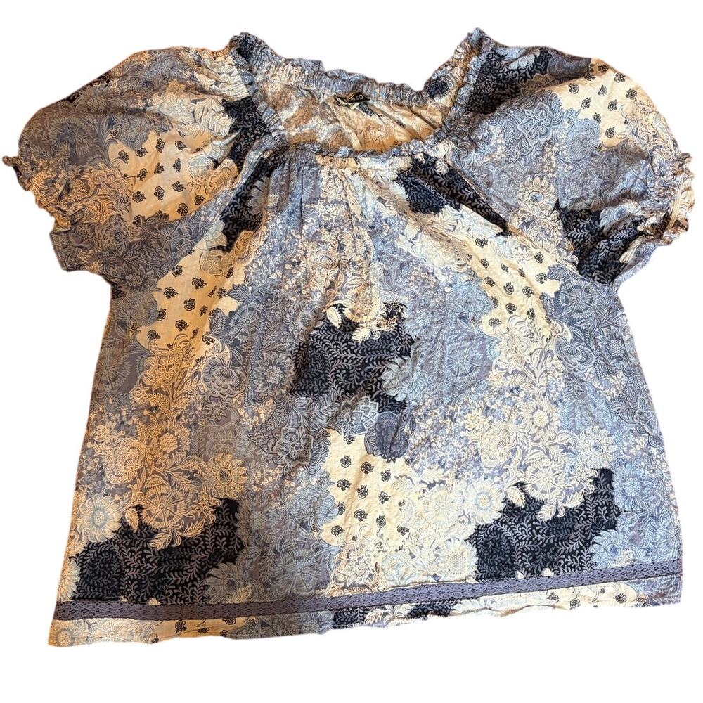 FRYE Women's Mixed Floral Patchwork Puff Sleeve Boho Blouse 1X Cottage